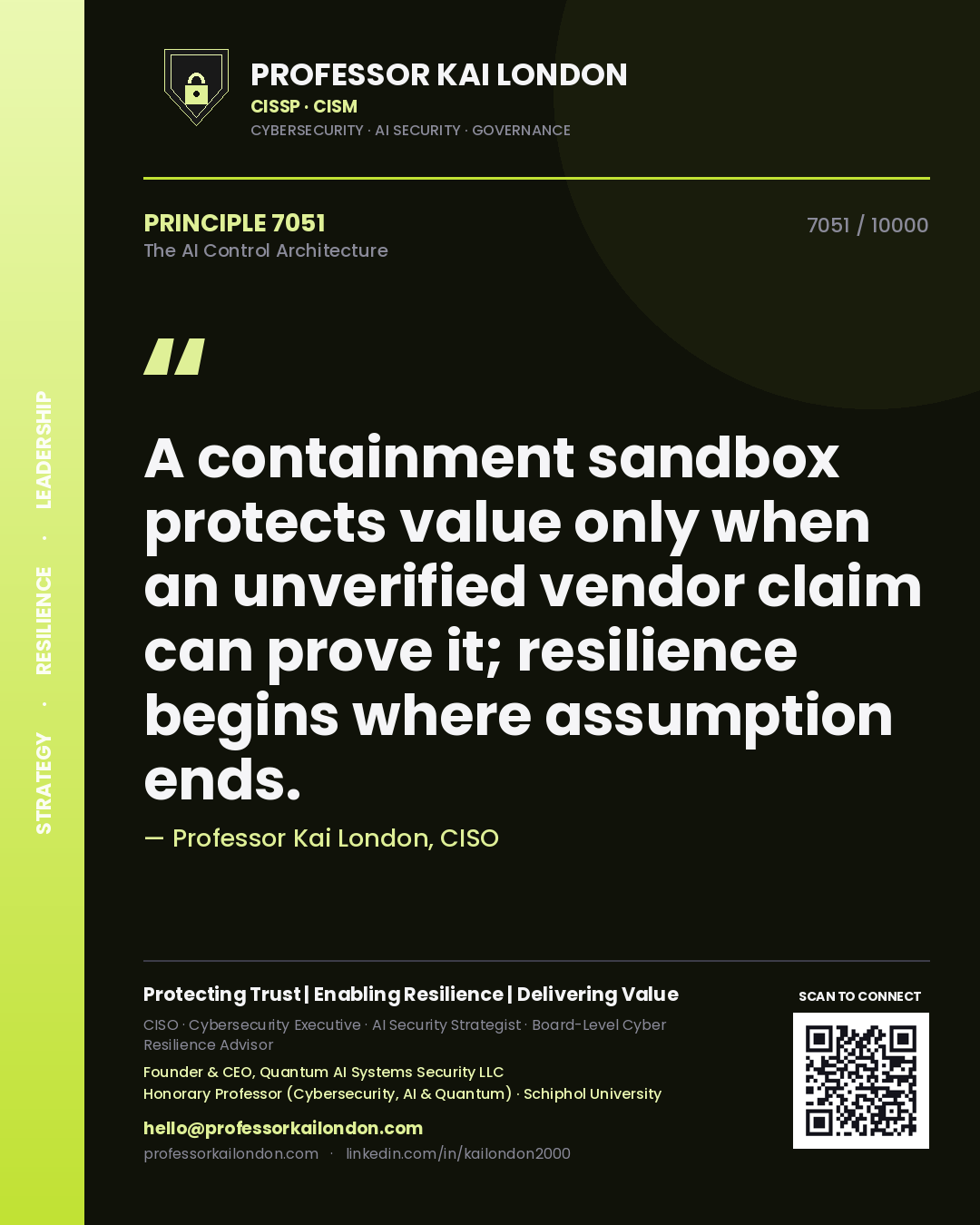 Professor Kai London principle 7051: A containment sandbox protects value only when an unverified vendor claim can prove it; resilience begins where assumption ends.