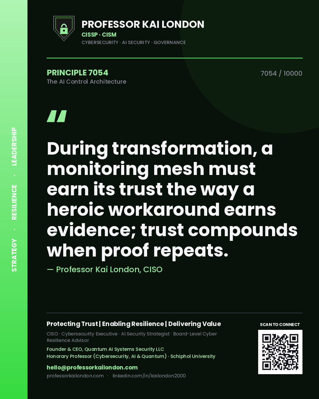 Professor Kai London principle 7054: During transformation, a monitoring mesh must earn its trust the way a heroic workaround earns evidence; trust compounds when proof repeats.