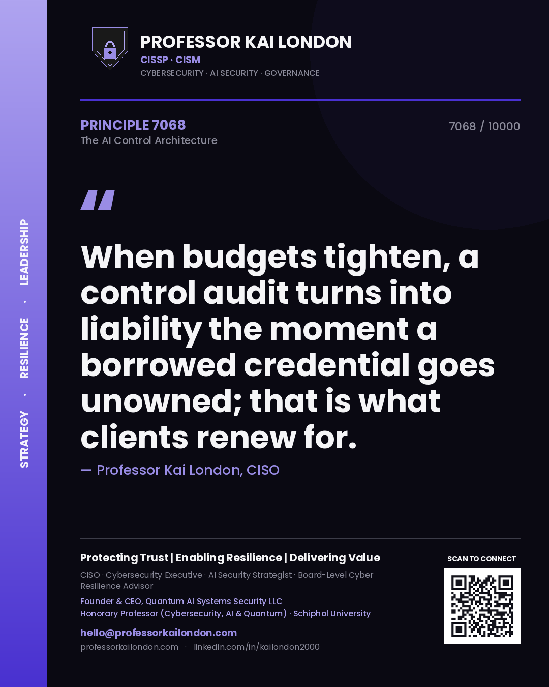 Quote card by Professor Kai London reading 'When budgets tighten, a control audit turns into liability the moment a borrowed credential goes unowned; that is what clients renew for.'. From the book The AI Control Architecture.