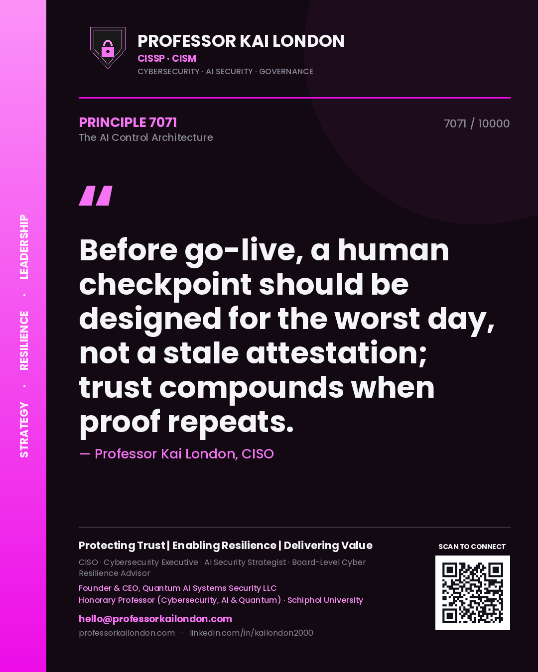 Professor Kai London principle 7071: Before go-live, a human checkpoint should be designed for the worst day, not a stale attestation; trust compounds when proof repeats.