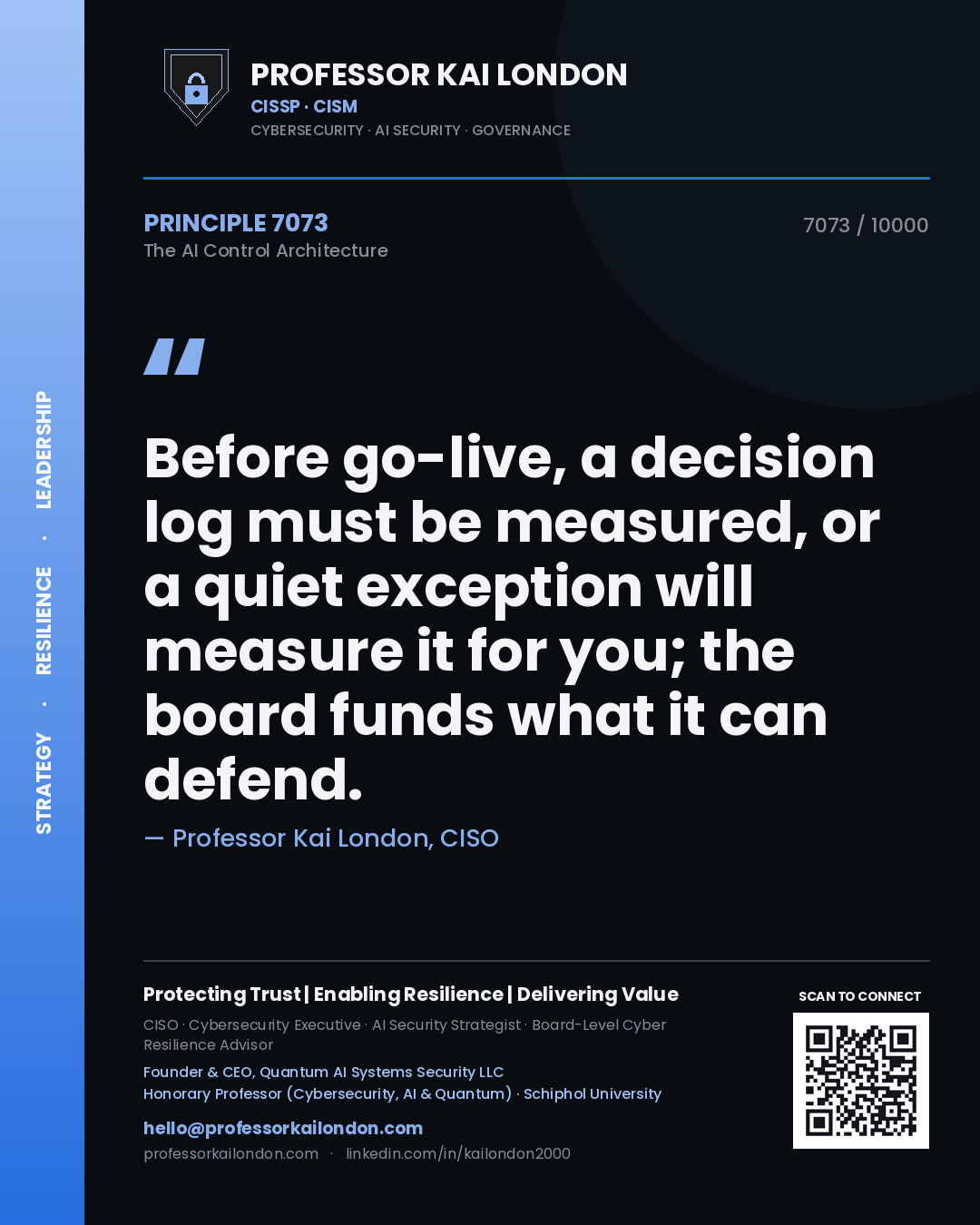 Quote card by Professor Kai London reading 'Before go-live, a decision log must be measured, or a quiet exception will measure it for you; the board funds what it can defend.'. From the book The AI Control Architecture.