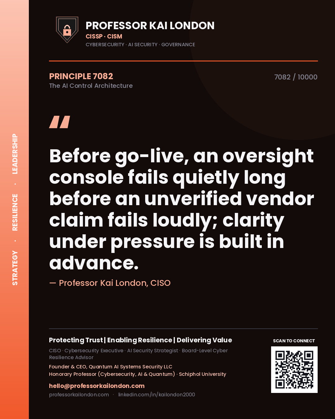 Quote card by Professor Kai London reading 'Before go-live, an oversight console fails quietly long before an unverified vendor claim fails loudly; clarity under pressure is built in advance.'. From the book The AI Control Architecture.