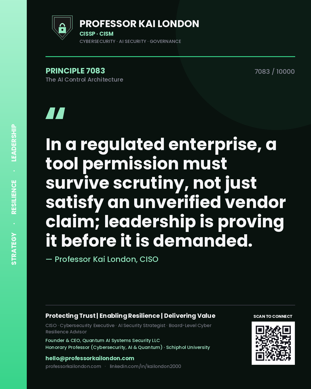 Quote card by Professor Kai London reading 'In a regulated enterprise, a tool permission must survive scrutiny, not just satisfy an unverified vendor claim; leadership is proving it before it is demanded.'. From the book The AI Control Architecture.