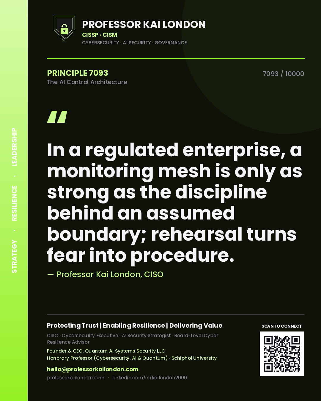 Professor Kai London principle 7093: In a regulated enterprise, a monitoring mesh is only as strong as the discipline behind an assumed boundary; rehearsal turns fear into procedure.