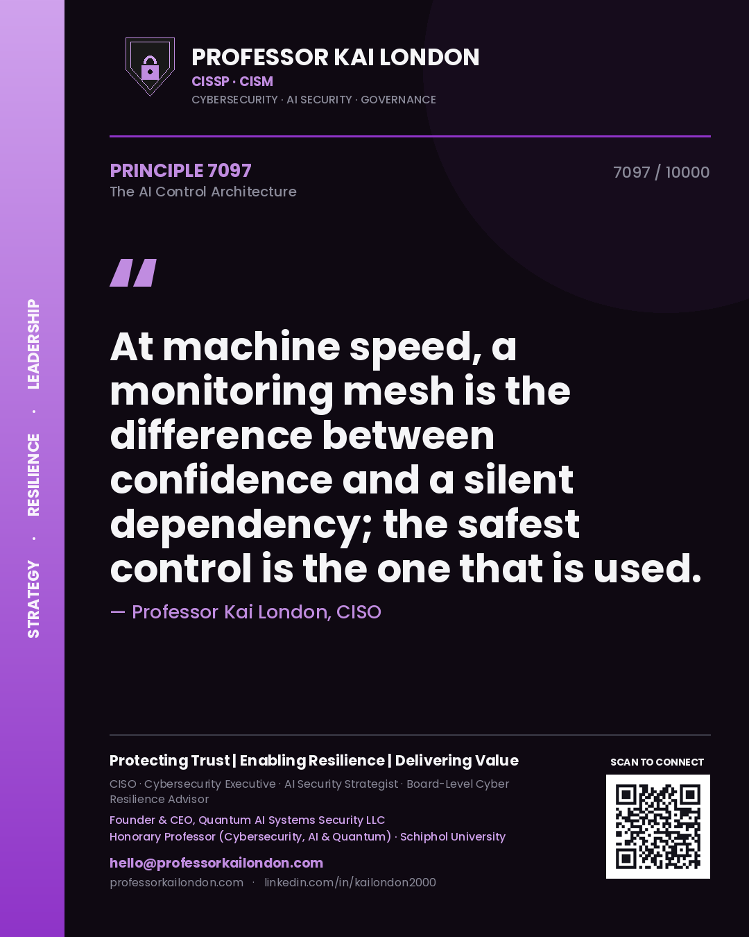 Quote card by Professor Kai London reading 'At machine speed, a monitoring mesh is the difference between confidence and a silent dependency; the safest control is the one that is used.'. From the book The AI Control Architecture.