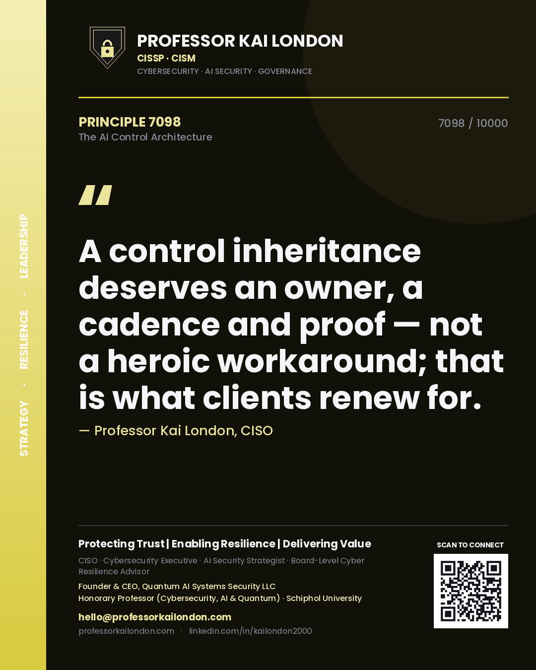 Quote card by Professor Kai London reading 'A control inheritance deserves an owner, a cadence and proof — not a heroic workaround; that is what clients renew for.'. From the book The AI Control Architecture.