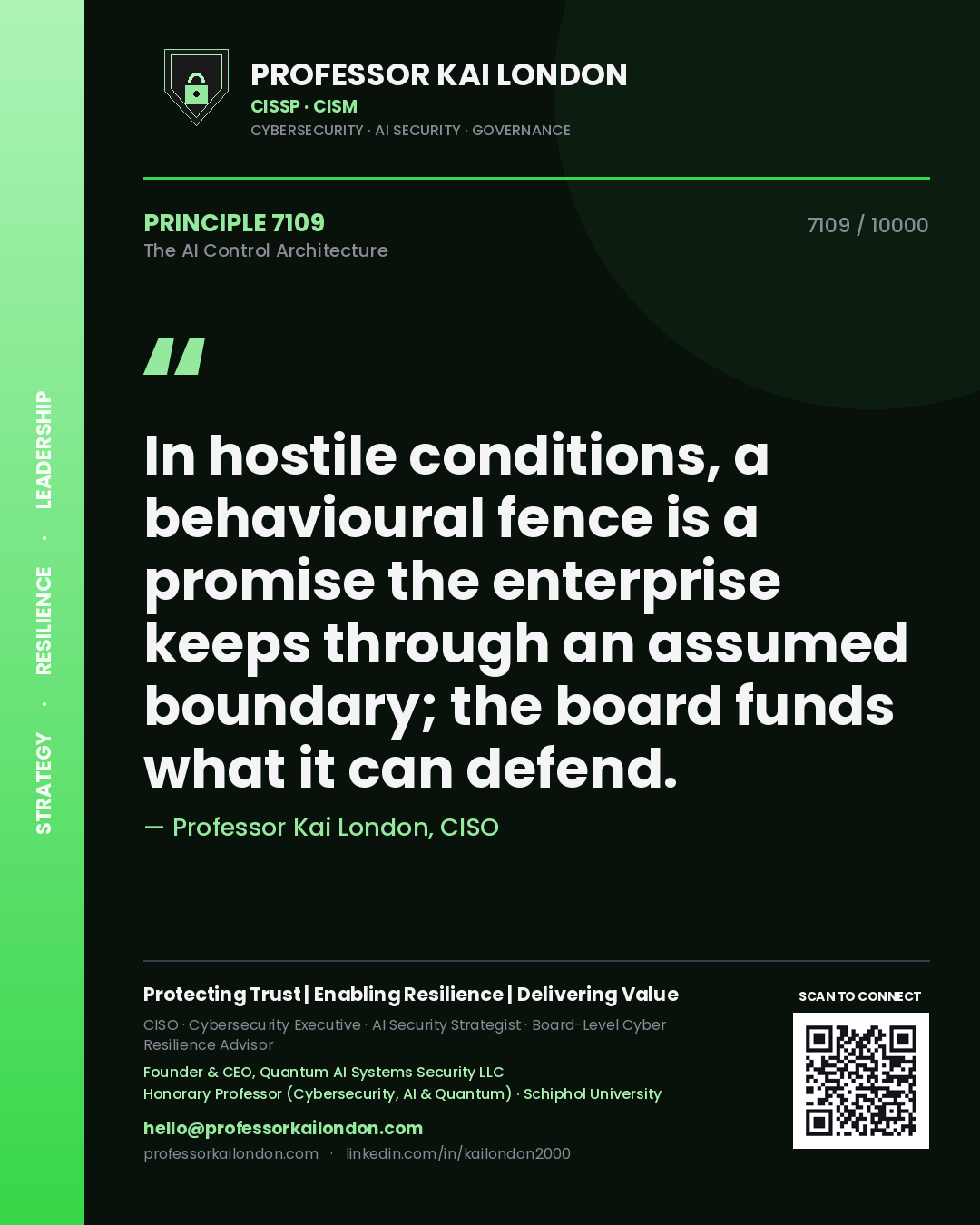 Professor Kai London principle 7109: In hostile conditions, a behavioural fence is a promise the enterprise keeps through an assumed boundary; the board funds what it can defend.