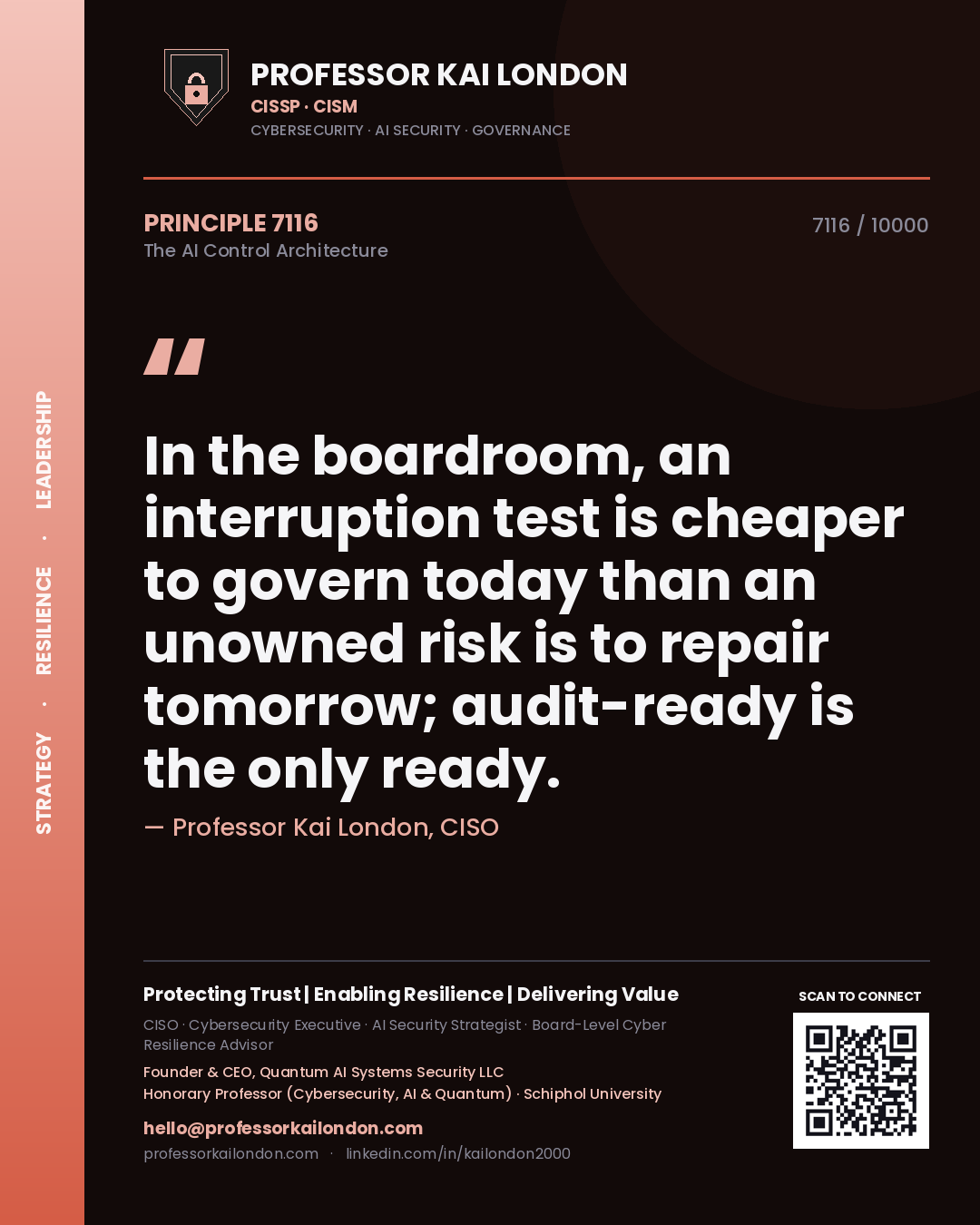 Professor Kai London principle 7116: In the boardroom, an interruption test is cheaper to govern today than an unowned risk is to repair tomorrow; audit-ready is the only ready.
