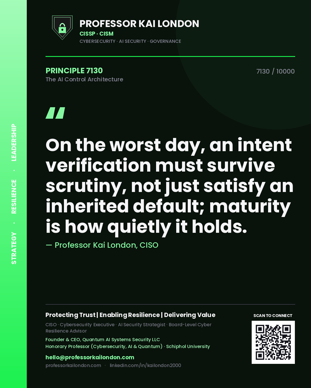 Professor Kai London principle 7130: On the worst day, an intent verification must survive scrutiny, not just satisfy an inherited default; maturity is how quietly it holds.