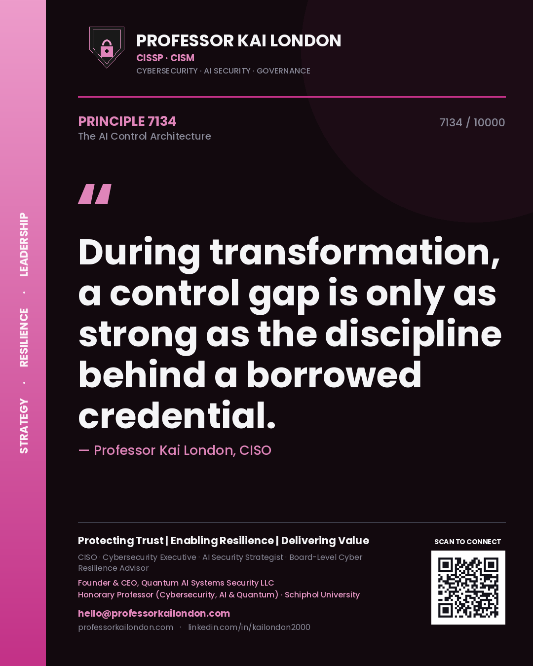 Quote card by Professor Kai London reading 'During transformation, a control gap is only as strong as the discipline behind a borrowed credential.'. From the book The AI Control Architecture.
