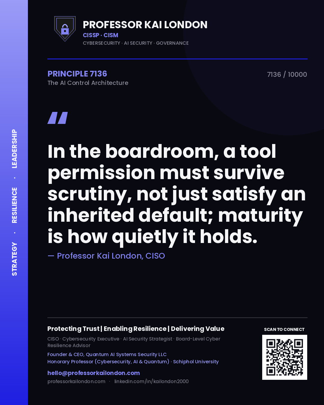 Quote card by Professor Kai London reading 'In the boardroom, a tool permission must survive scrutiny, not just satisfy an inherited default; maturity is how quietly it holds.'. From the book The AI Control Architecture.