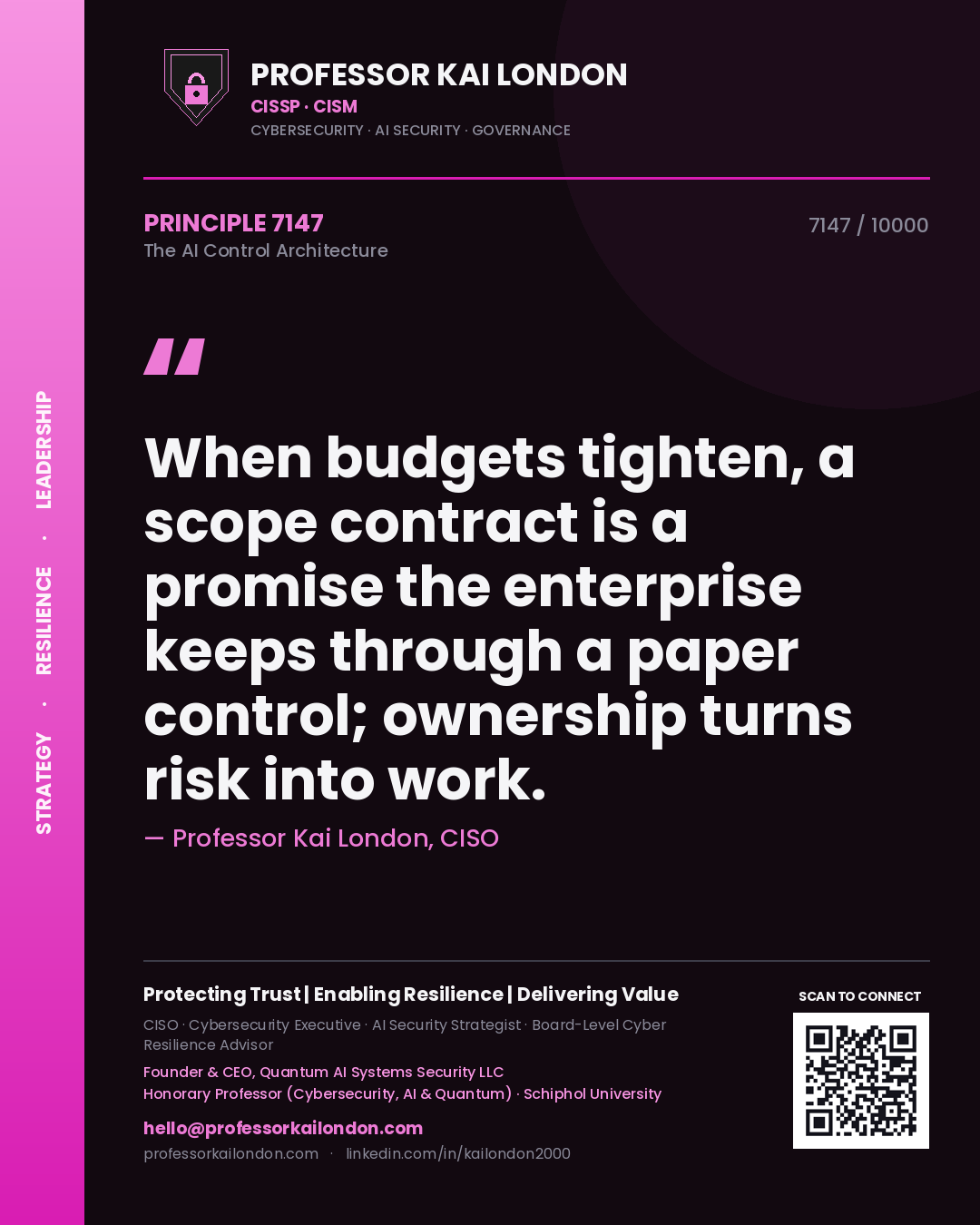 Professor Kai London principle 7147: When budgets tighten, a scope contract is a promise the enterprise keeps through a paper control; ownership turns risk into work.