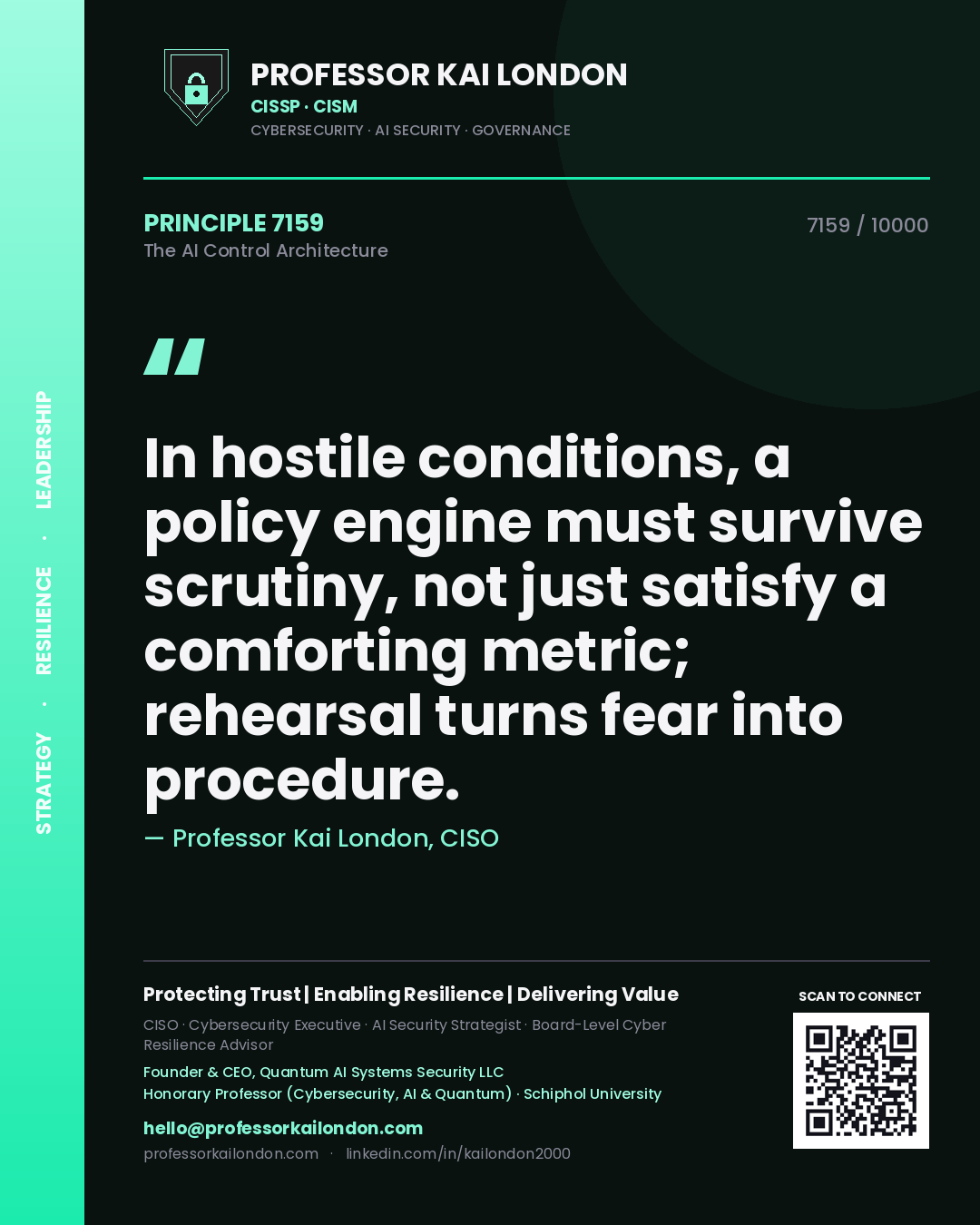 Quote card by Professor Kai London reading 'In hostile conditions, a policy engine must survive scrutiny, not just satisfy a comforting metric; rehearsal turns fear into procedure.'. From the book The AI Control Architecture.