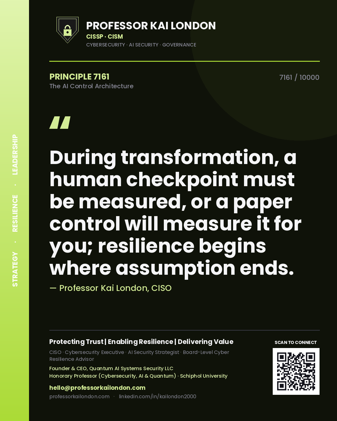 Quote card by Professor Kai London reading 'During transformation, a human checkpoint must be measured, or a paper control will measure it for you; resilience begins where assumption ends.'. From the book The AI Control Architecture.