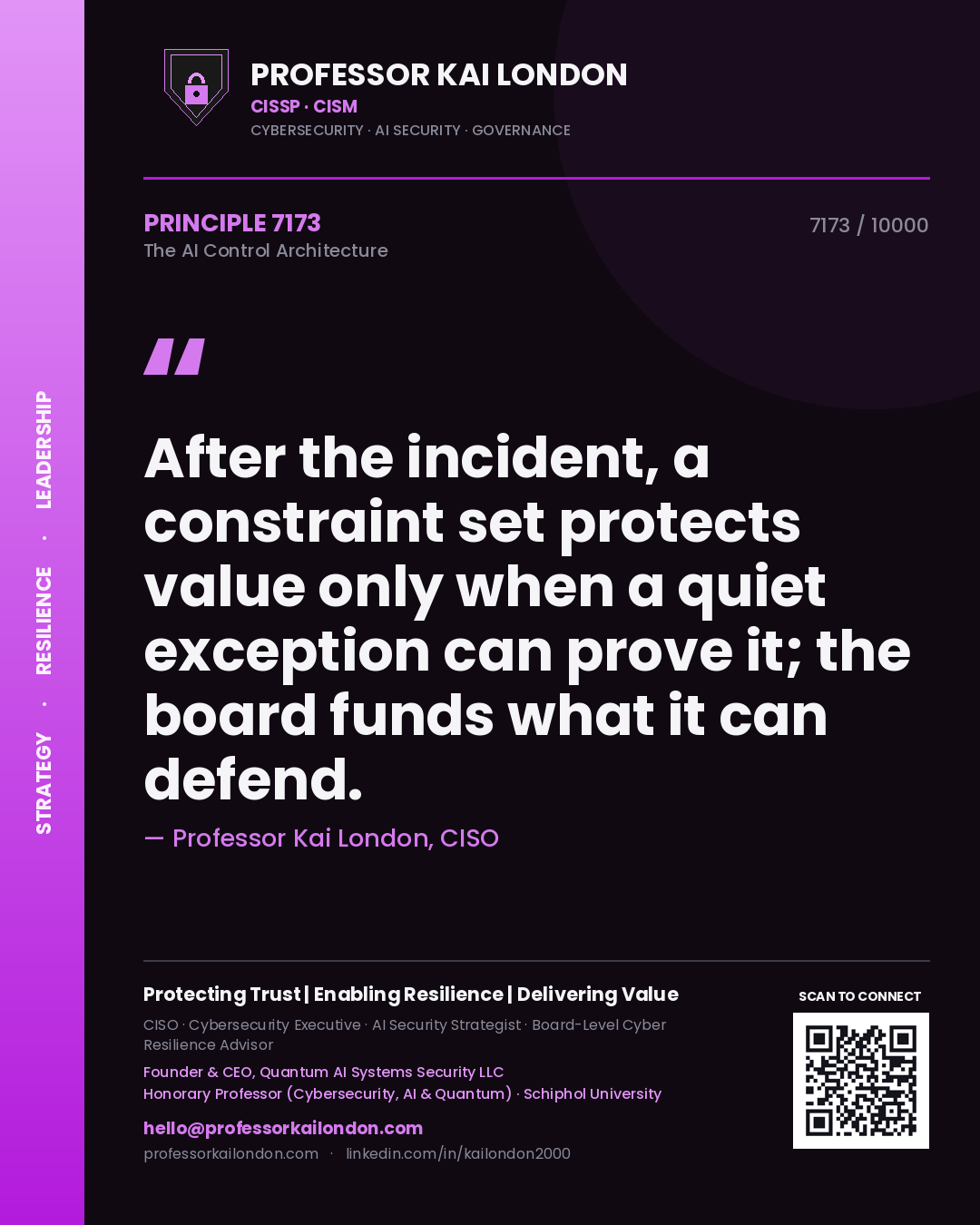 Quote card by Professor Kai London reading 'After the incident, a constraint set protects value only when a quiet exception can prove it; the board funds what it can defend.'. From the book The AI Control Architecture.