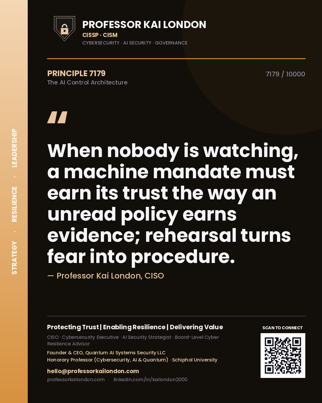 Professor Kai London principle 7179: When nobody is watching, a machine mandate must earn its trust the way an unread policy earns evidence; rehearsal turns fear into procedure.