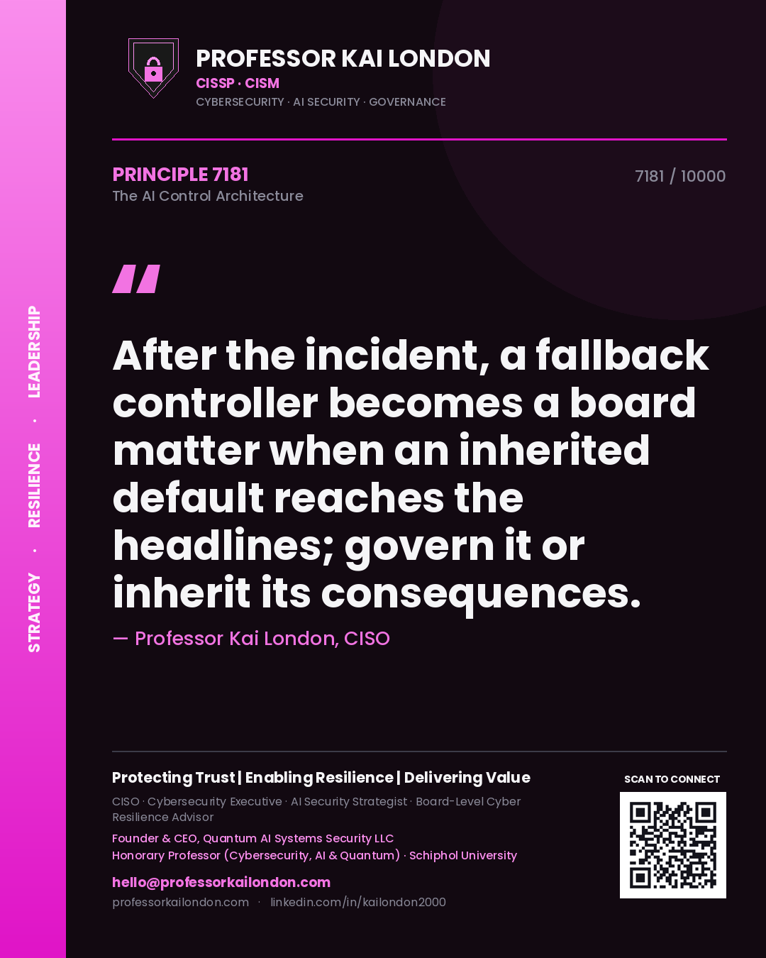 Professor Kai London principle 7181: After the incident, a fallback controller becomes a board matter when an inherited default reaches the headlines; govern it or inherit its consequences.