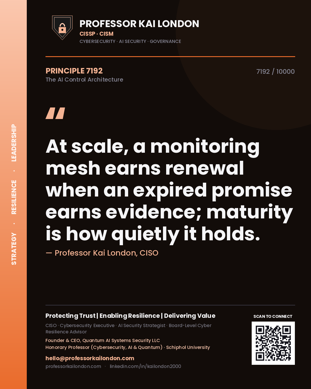 Quote card by Professor Kai London reading 'At scale, a monitoring mesh earns renewal when an expired promise earns evidence; maturity is how quietly it holds.'. From the book The AI Control Architecture.