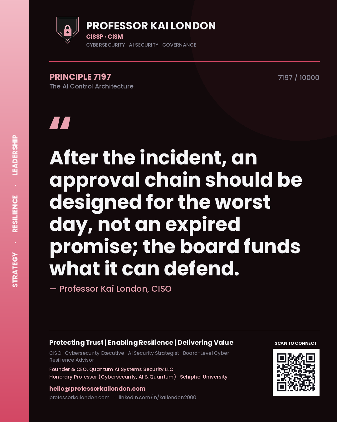 Quote card by Professor Kai London reading 'After the incident, an approval chain should be designed for the worst day, not an expired promise; the board funds what it can defend.'. From the book The AI Control Architecture.