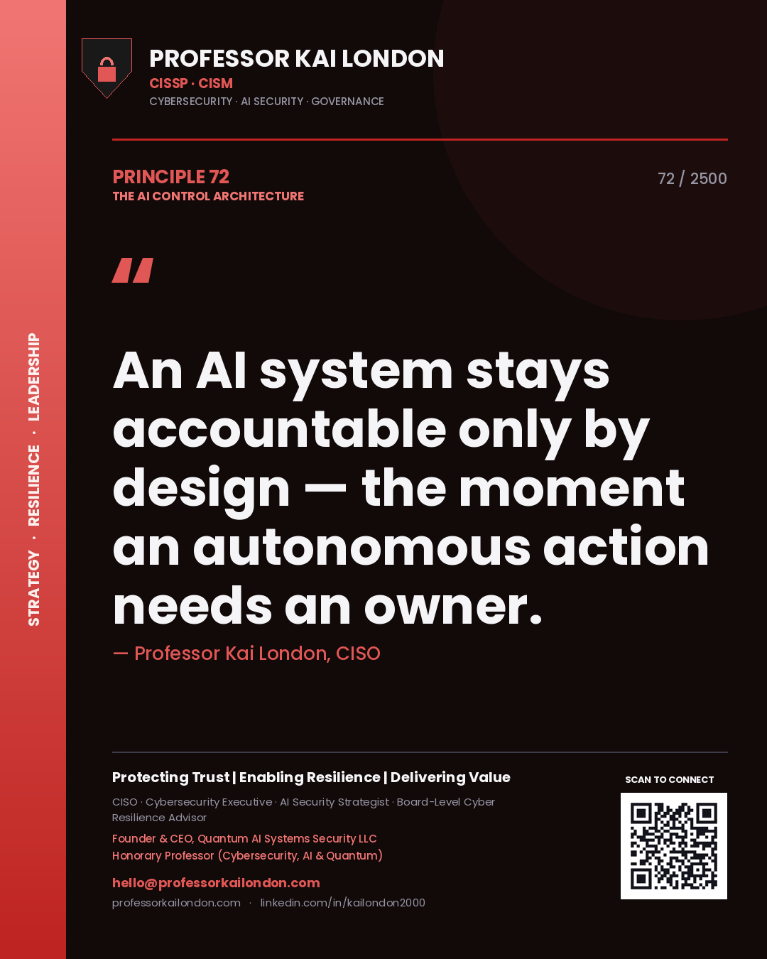 Professor Kai London principle 72: An AI system stays accountable only by design — the moment an autonomous action needs an owner.