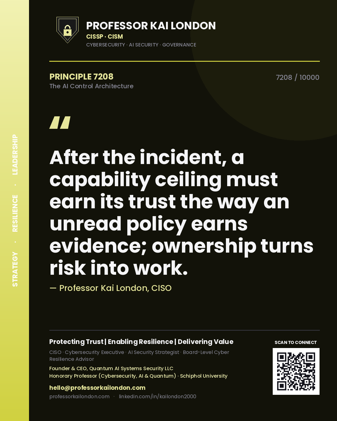 Quote card by Professor Kai London reading 'After the incident, a capability ceiling must earn its trust the way an unread policy earns evidence; ownership turns risk into work.'. From the book The AI Control Architecture.