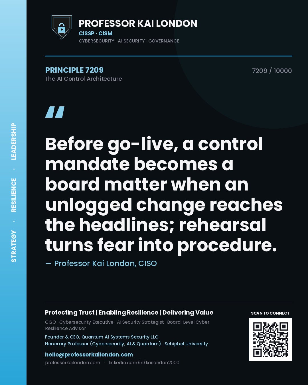 Professor Kai London principle 7209: Before go-live, a control mandate becomes a board matter when an unlogged change reaches the headlines; rehearsal turns fear into procedure.