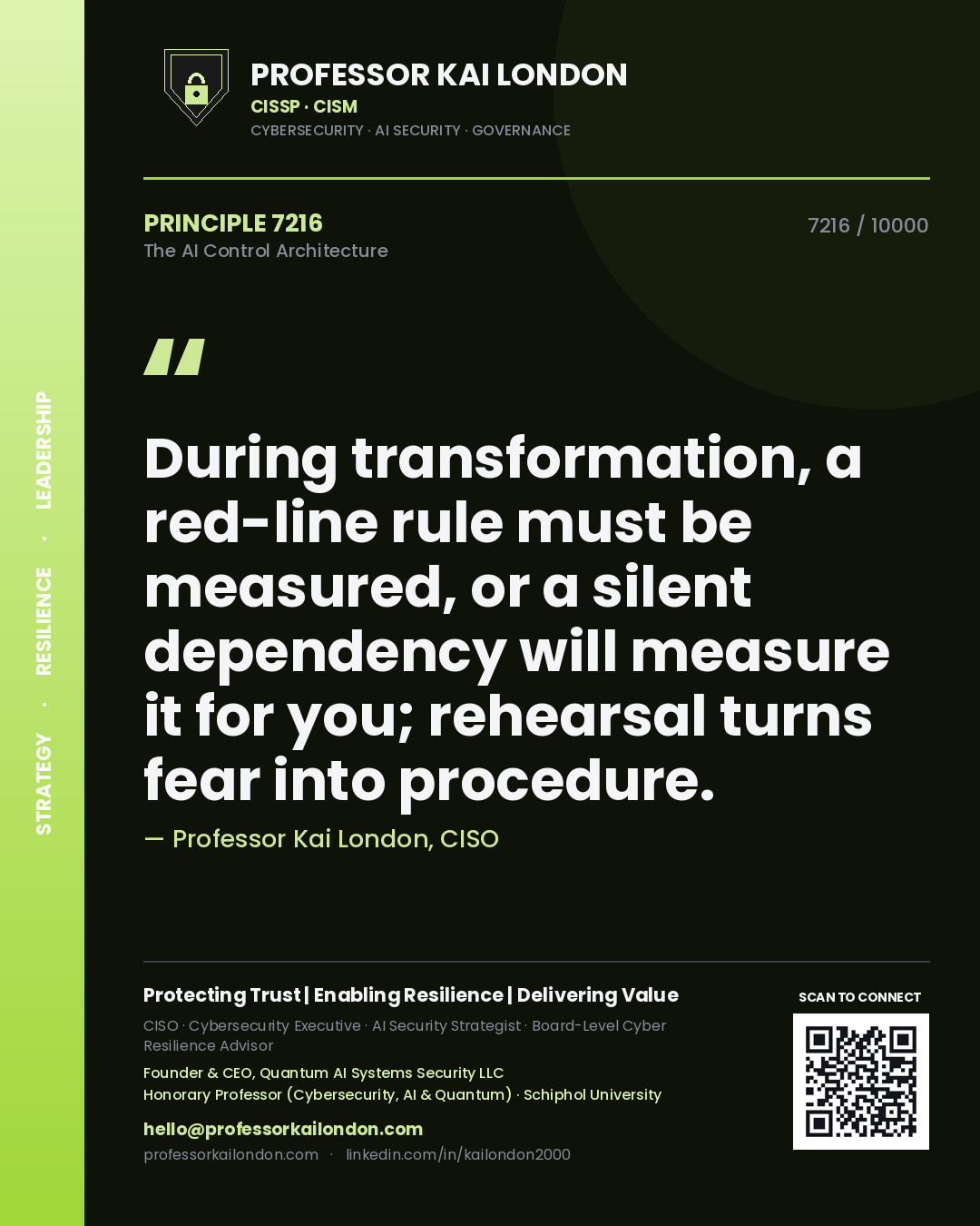Quote card by Professor Kai London reading 'During transformation, a red-line rule must be measured, or a silent dependency will measure it for you; rehearsal turns fear into procedure.'. From the book The AI Control Architecture.