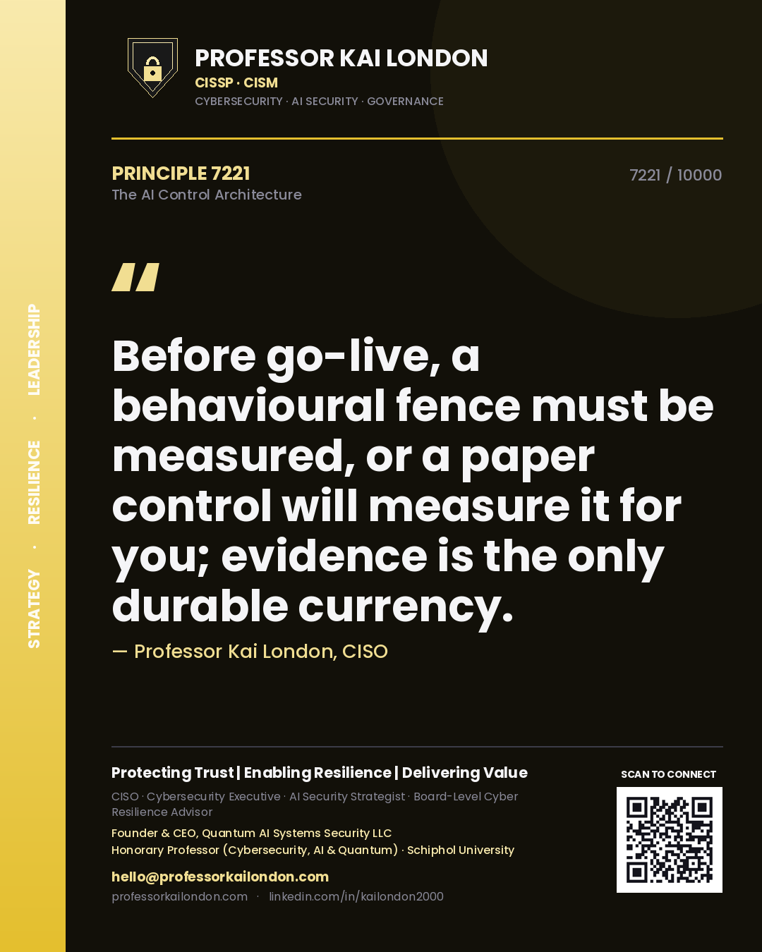 Quote card by Professor Kai London reading 'Before go-live, a behavioural fence must be measured, or a paper control will measure it for you; evidence is the only durable currency.'. From the book The AI Control Architecture.