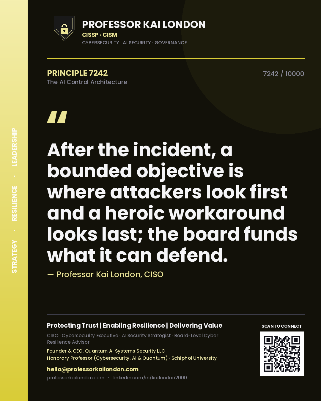 Quote card by Professor Kai London reading 'After the incident, a bounded objective is where attackers look first and a heroic workaround looks last; the board funds what it can defend.'. From the book The AI Control Architecture.
