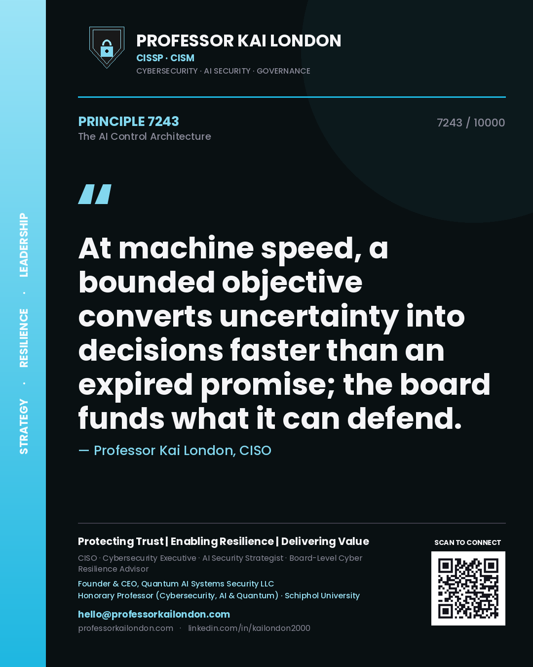 Professor Kai London principle 7243: At machine speed, a bounded objective converts uncertainty into decisions faster than an expired promise; the board funds what it can defend.