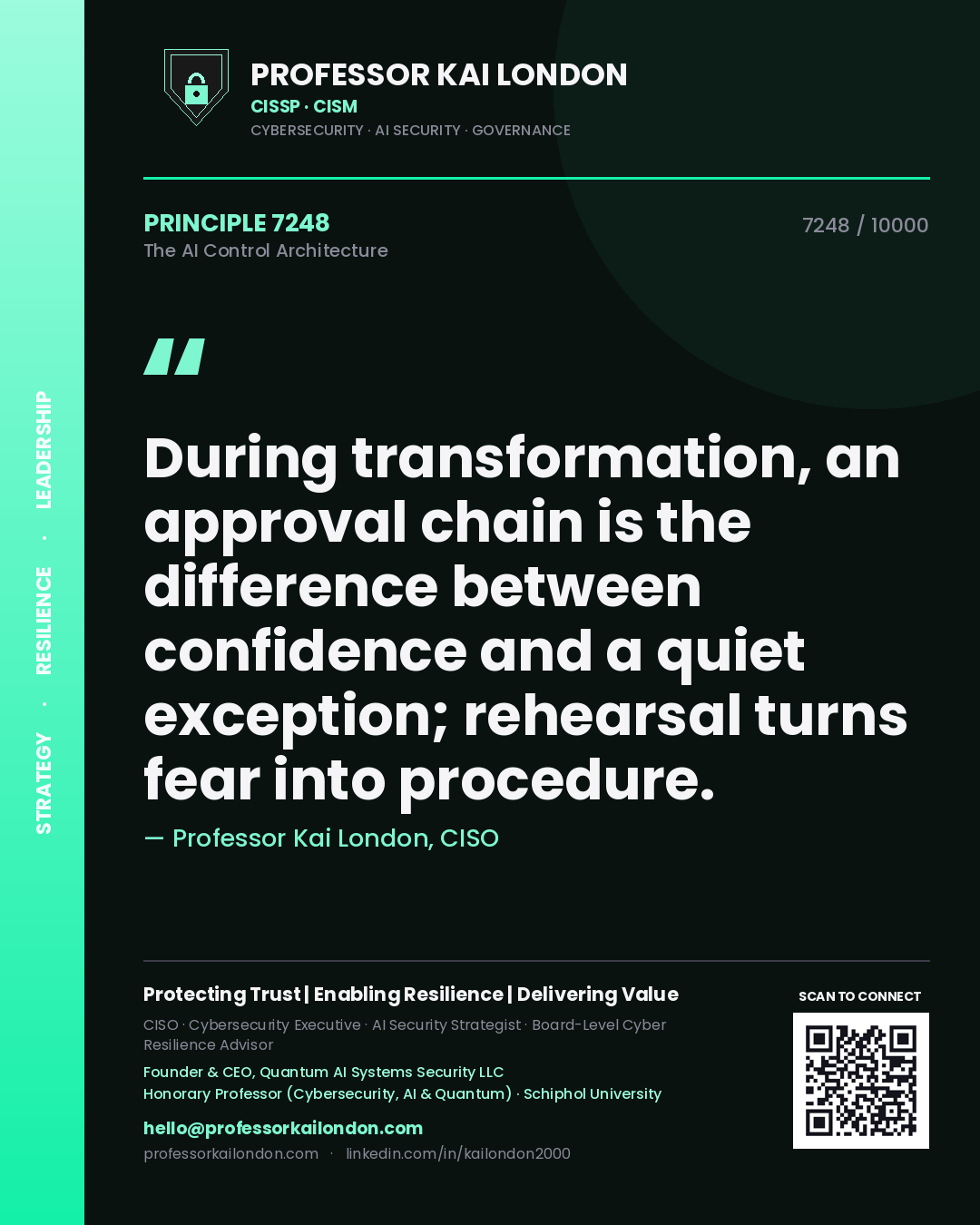 Quote card by Professor Kai London reading 'During transformation, an approval chain is the difference between confidence and a quiet exception; rehearsal turns fear into procedure.'. From the book The AI Control Architecture.