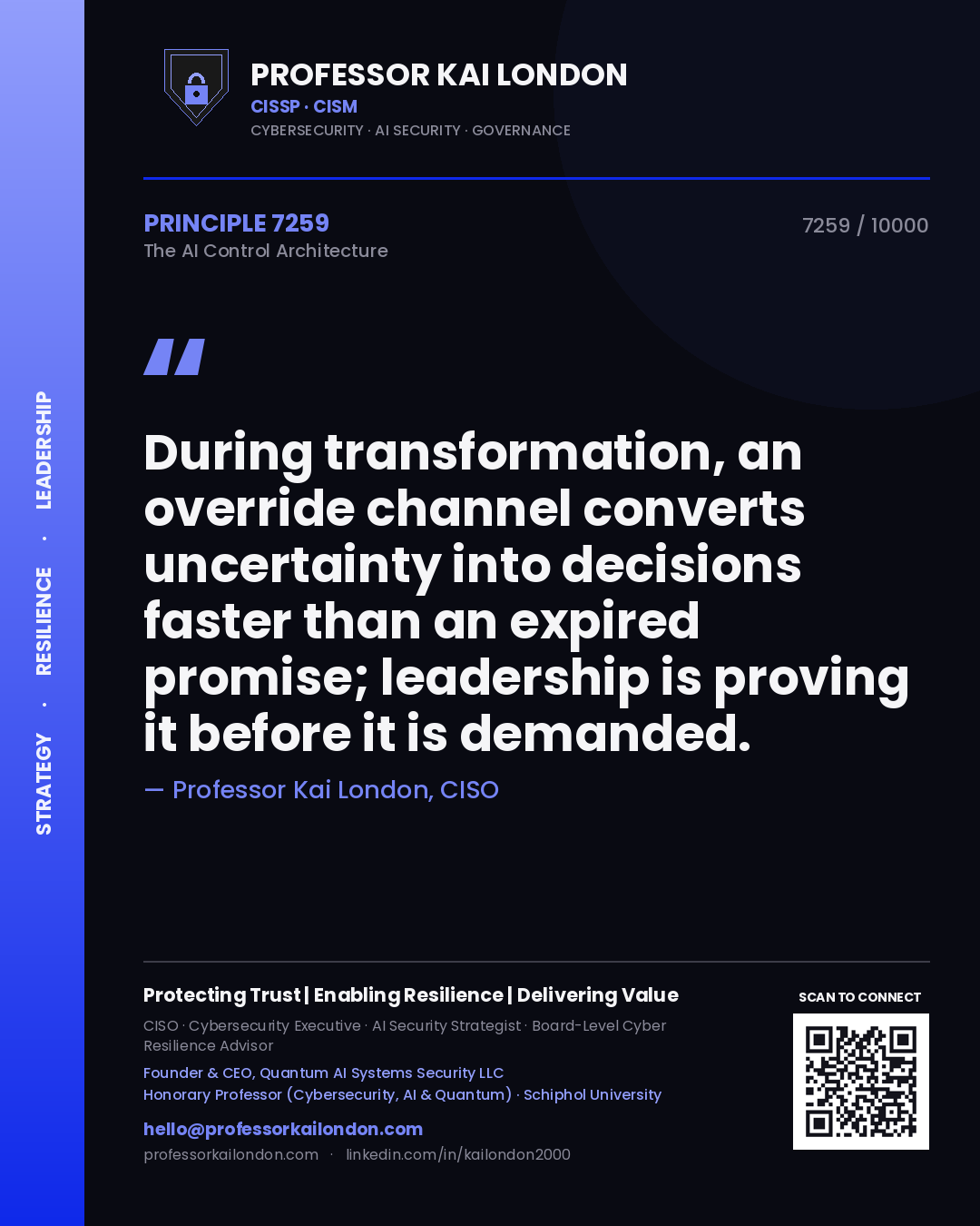 Quote card by Professor Kai London reading 'During transformation, an override channel converts uncertainty into decisions faster than an expired promise; leadership is proving it before it is demanded.'. From the book The AI Control Architecture.