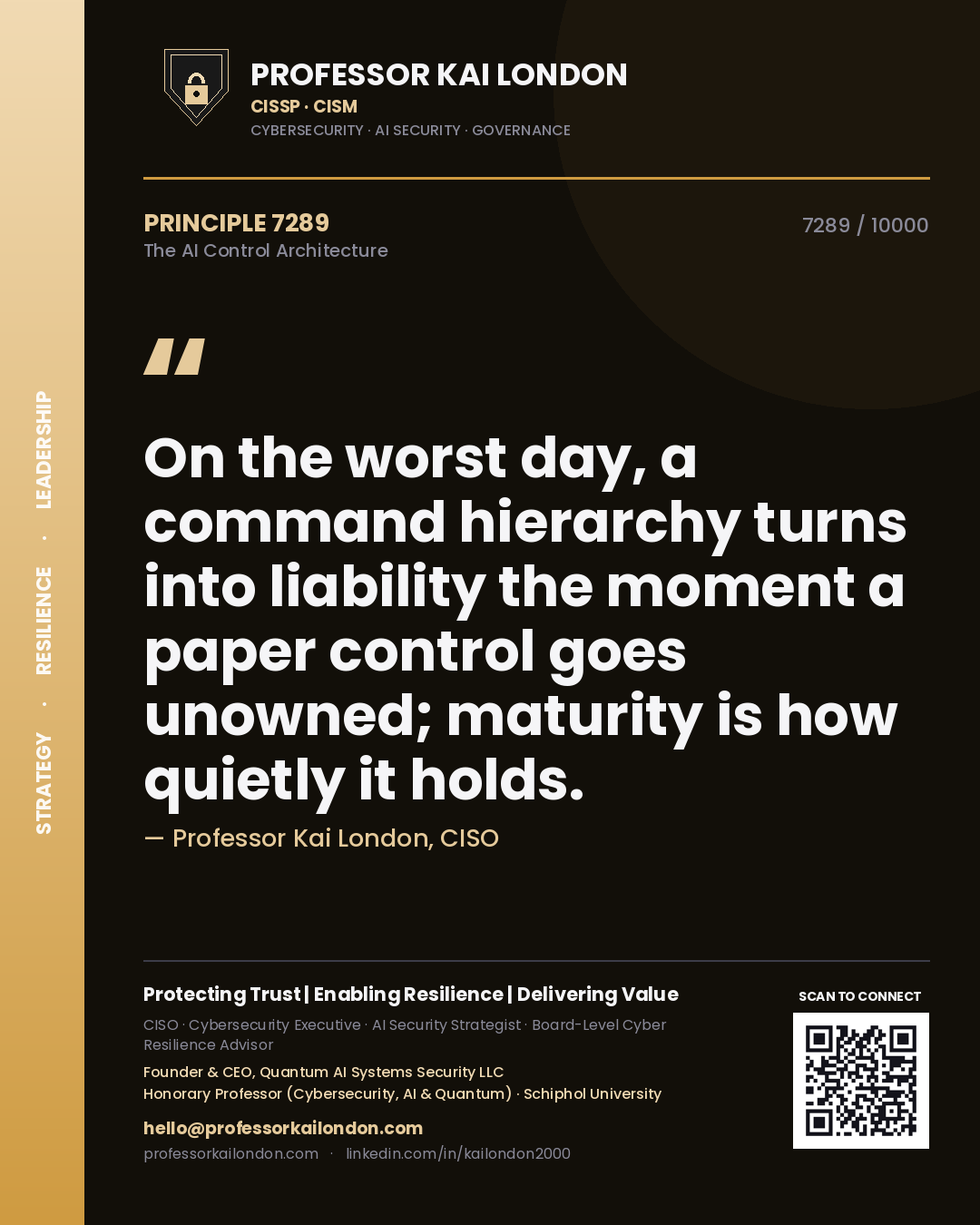 Quote card by Professor Kai London reading 'On the worst day, a command hierarchy turns into liability the moment a paper control goes unowned; maturity is how quietly it holds.'. From the book The AI Control Architecture.