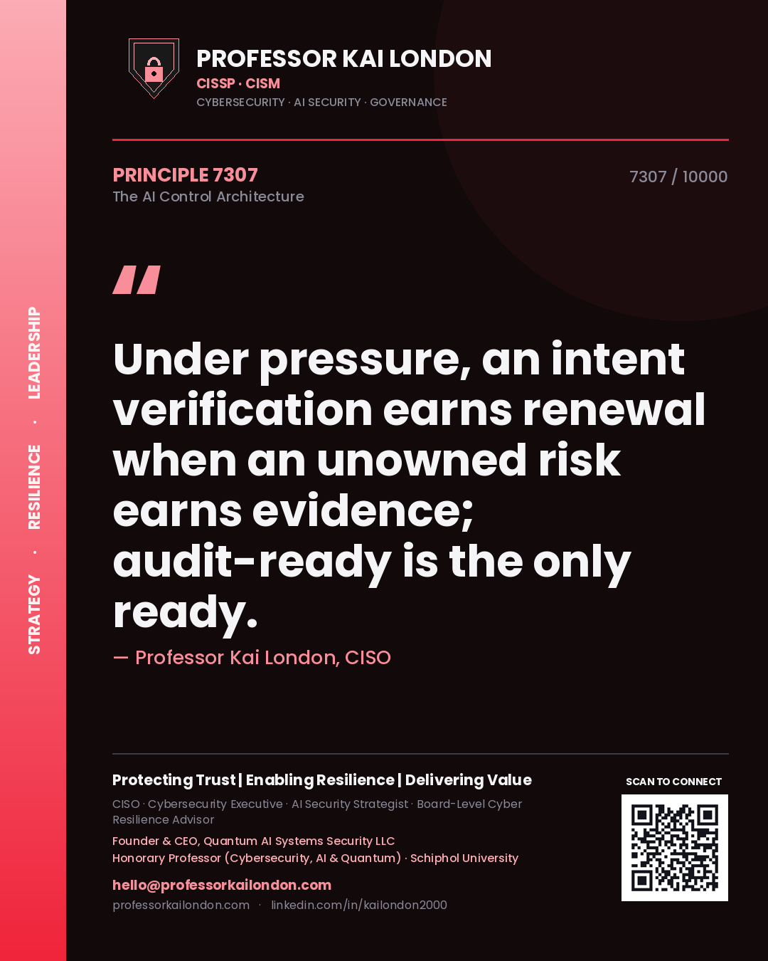 Quote card by Professor Kai London reading 'Under pressure, an intent verification earns renewal when an unowned risk earns evidence; audit-ready is the only ready.'. From the book The AI Control Architecture.