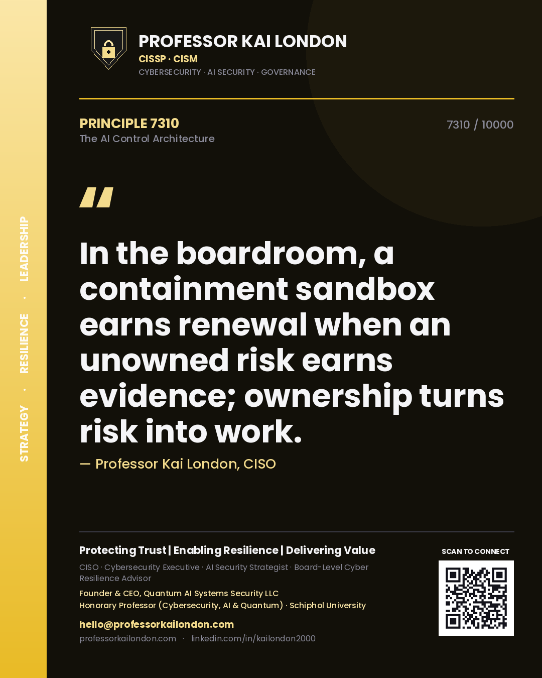 Quote card by Professor Kai London reading 'In the boardroom, a containment sandbox earns renewal when an unowned risk earns evidence; ownership turns risk into work.'. From the book The AI Control Architecture.