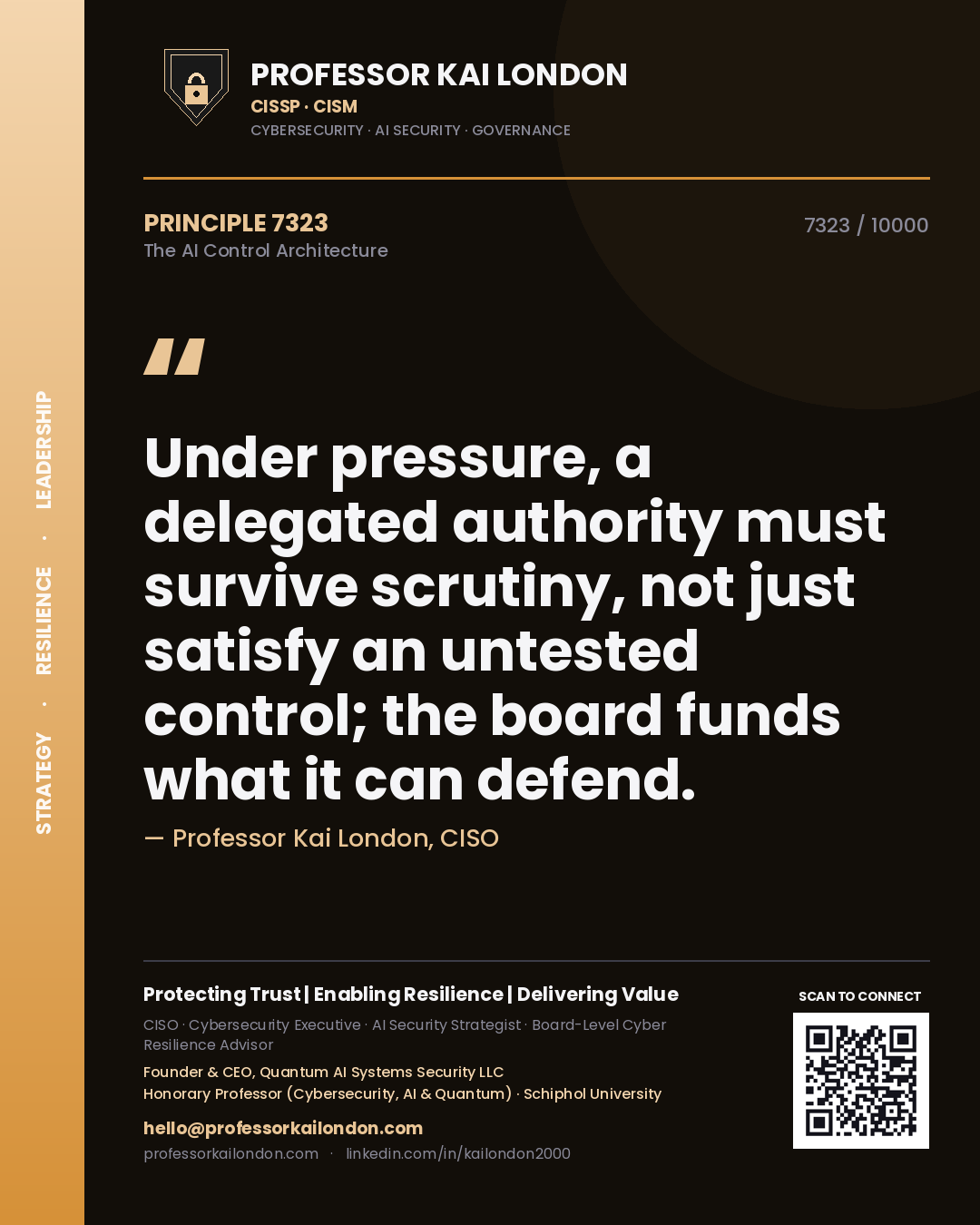 Professor Kai London principle 7323: Under pressure, a delegated authority must survive scrutiny, not just satisfy an untested control; the board funds what it can defend.