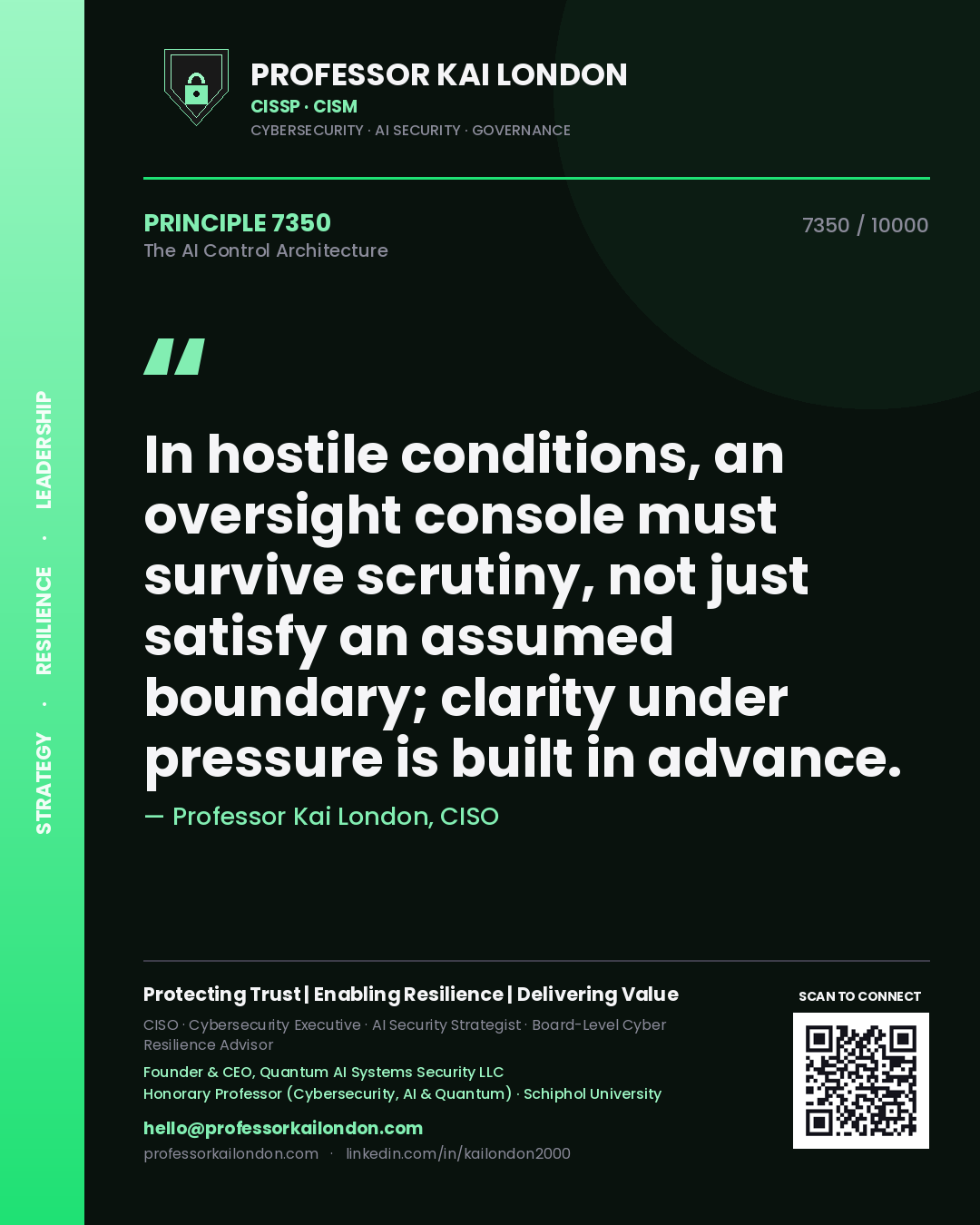 Quote card by Professor Kai London reading 'In hostile conditions, an oversight console must survive scrutiny, not just satisfy an assumed boundary; clarity under pressure is built in advance.'. From the book The AI Control Architecture.