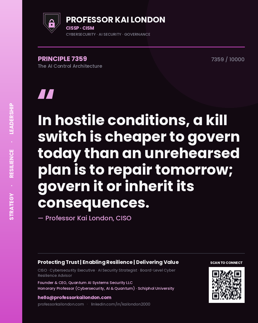 Quote card by Professor Kai London reading 'In hostile conditions, a kill switch is cheaper to govern today than an unrehearsed plan is to repair tomorrow; govern it or inherit its consequences.'. From the book The AI Control Architecture.