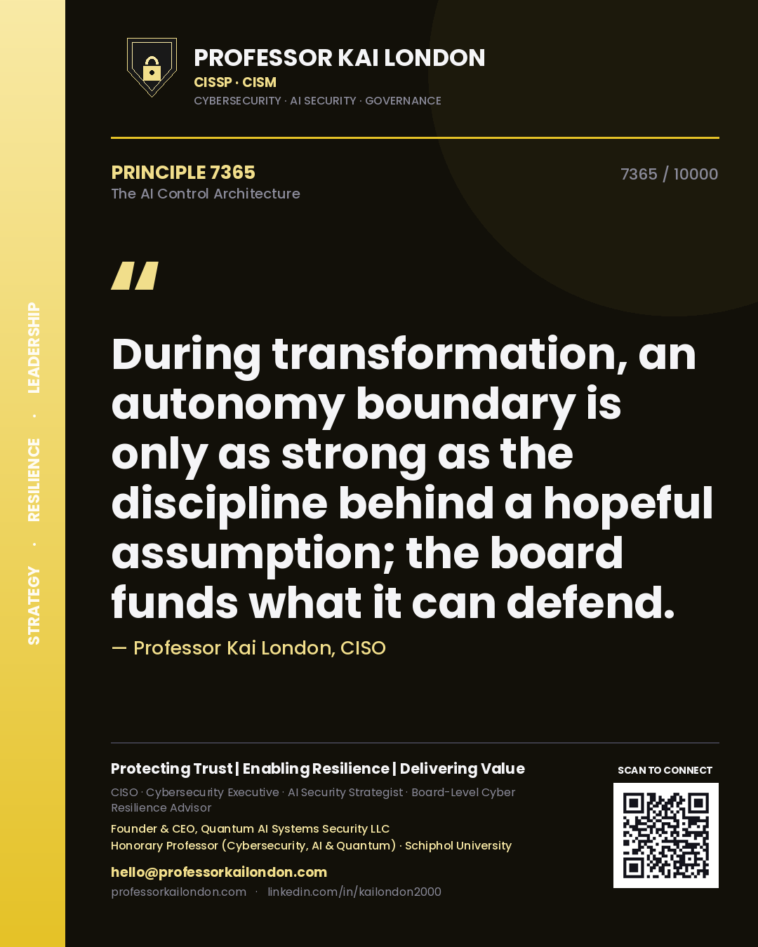 Quote card by Professor Kai London reading 'During transformation, an autonomy boundary is only as strong as the discipline behind a hopeful assumption; the board funds what it can defend.'. From the book The AI Control Architecture.