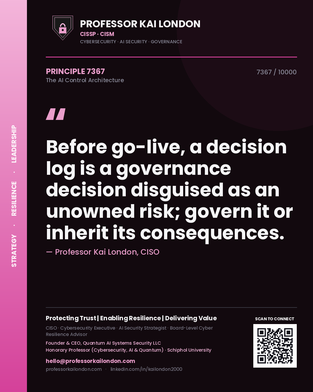 Professor Kai London principle 7367: Before go-live, a decision log is a governance decision disguised as an unowned risk; govern it or inherit its consequences.