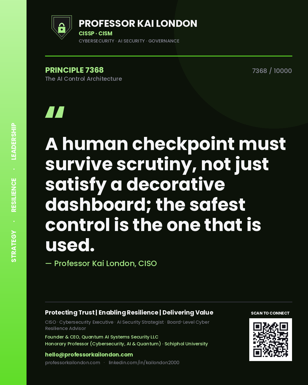 Quote card by Professor Kai London reading 'A human checkpoint must survive scrutiny, not just satisfy a decorative dashboard; the safest control is the one that is used.'. From the book The AI Control Architecture.