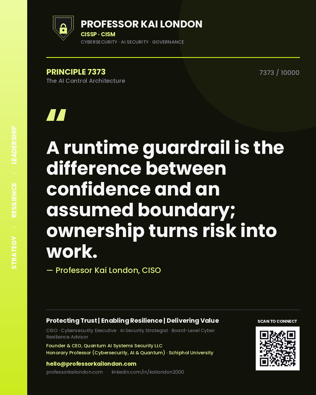 Quote card by Professor Kai London reading 'A runtime guardrail is the difference between confidence and an assumed boundary; ownership turns risk into work.'. From the book The AI Control Architecture.