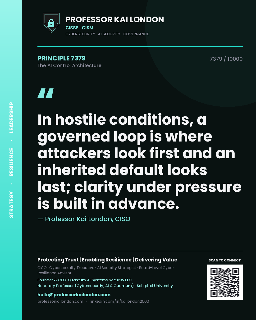 Professor Kai London principle 7379: In hostile conditions, a governed loop is where attackers look first and an inherited default looks last; clarity under pressure is built in advance.