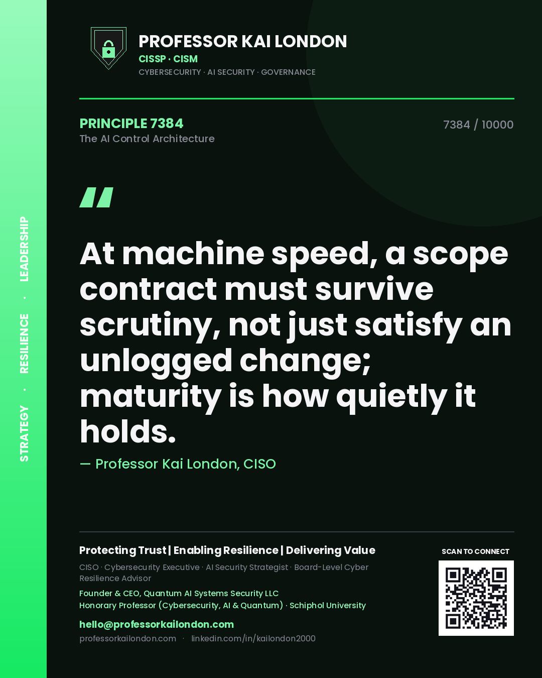 Quote card by Professor Kai London reading 'At machine speed, a scope contract must survive scrutiny, not just satisfy an unlogged change; maturity is how quietly it holds.'. From the book The AI Control Architecture.