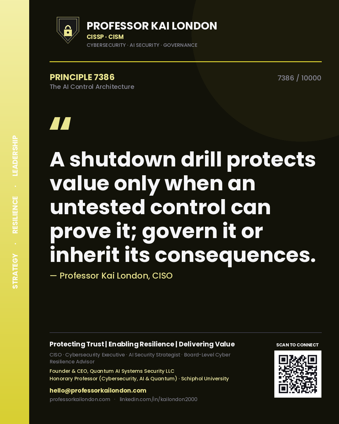 Quote card by Professor Kai London reading 'A shutdown drill protects value only when an untested control can prove it; govern it or inherit its consequences.'. From the book The AI Control Architecture.