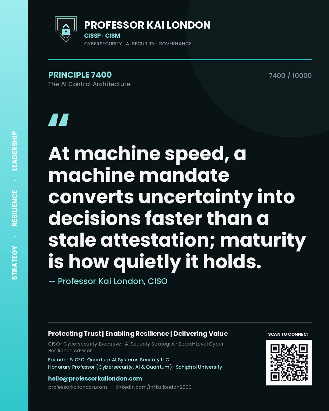 Professor Kai London principle 7400: At machine speed, a machine mandate converts uncertainty into decisions faster than a stale attestation; maturity is how quietly it holds.
