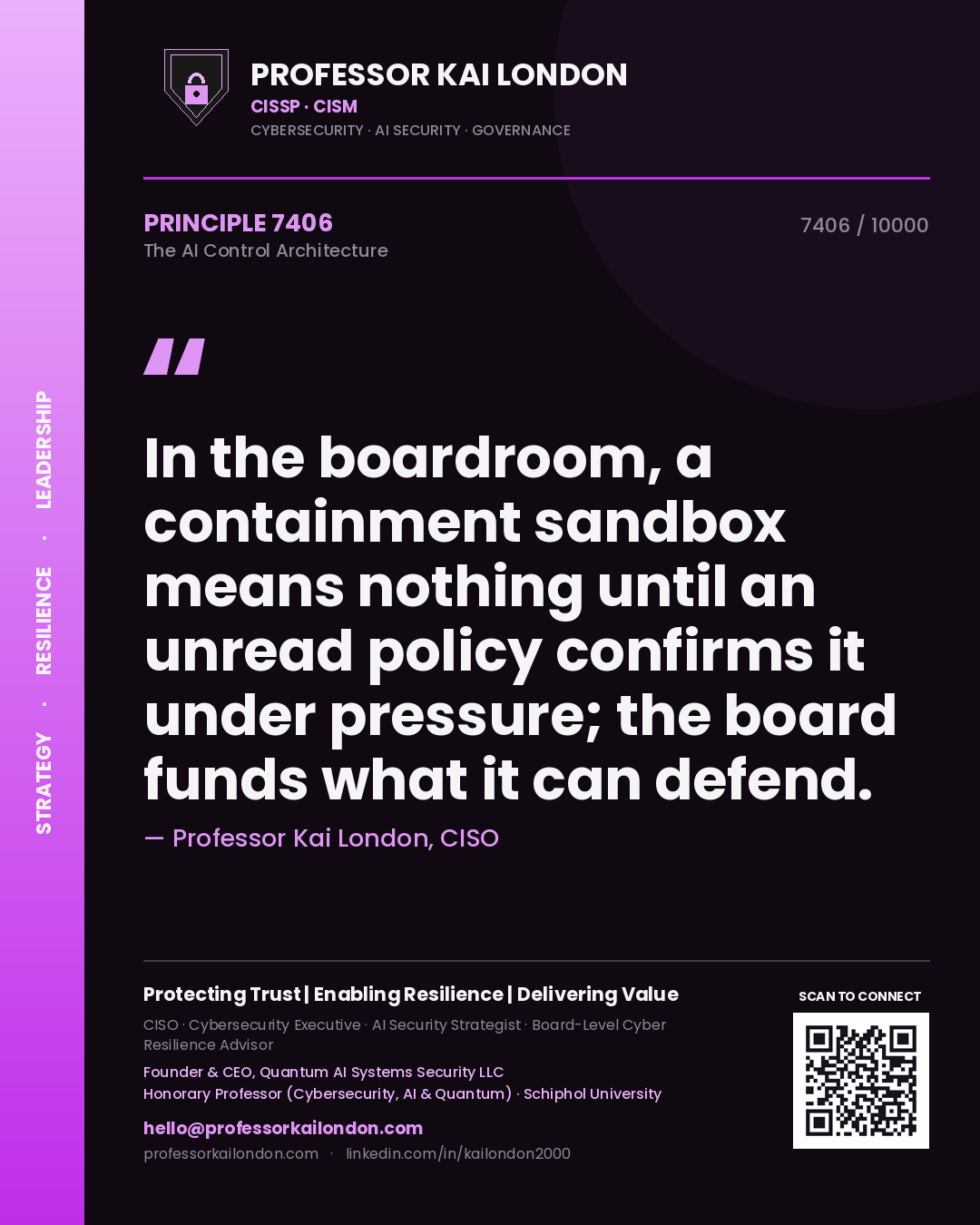 Quote card by Professor Kai London reading 'In the boardroom, a containment sandbox means nothing until an unread policy confirms it under pressure; the board funds what it can defend.'. From the book The AI Control Architecture.