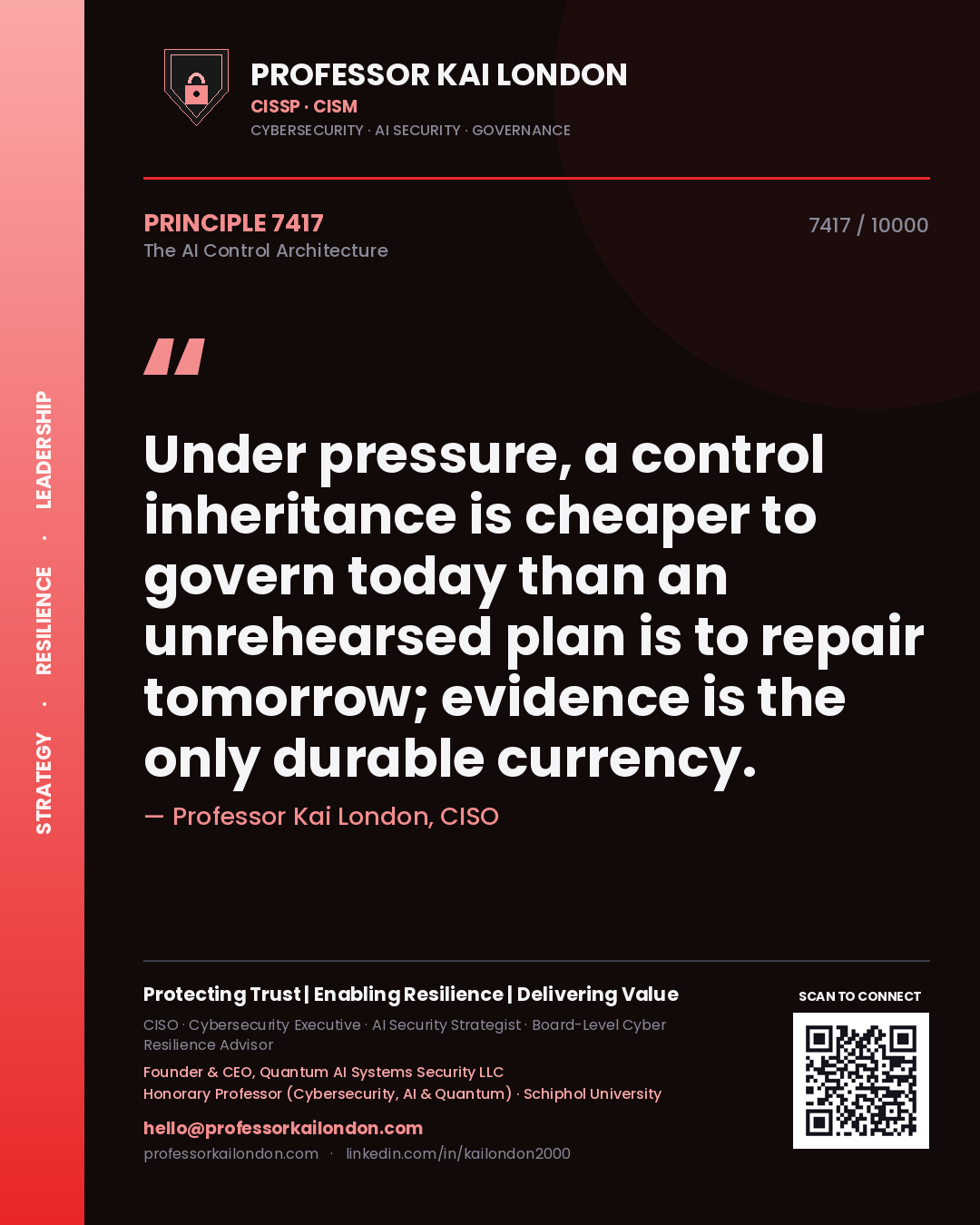Quote card by Professor Kai London reading 'Under pressure, a control inheritance is cheaper to govern today than an unrehearsed plan is to repair tomorrow; evidence is the only durable currency.'. From the book The AI Control Architecture.