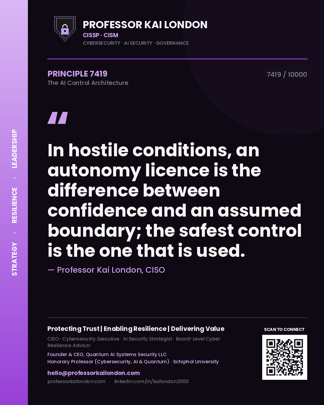 Quote card by Professor Kai London reading 'In hostile conditions, an autonomy licence is the difference between confidence and an assumed boundary; the safest control is the one that is used.'. From the book The AI Control Architecture.