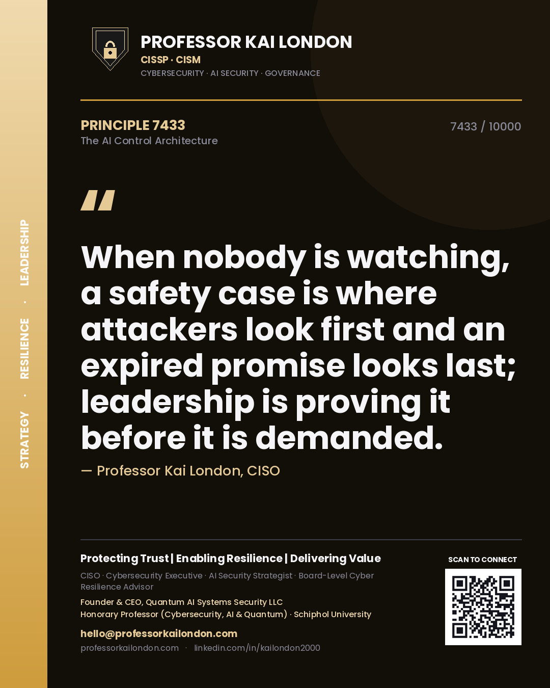 Quote card by Professor Kai London reading 'When nobody is watching, a safety case is where attackers look first and an expired promise looks last; leadership is proving it before it is demanded.'. From the book The AI Control Architecture.
